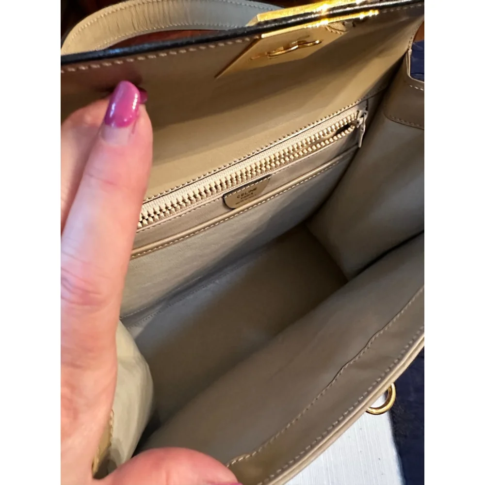 Celine Beige Leather Satchel Bag with Gold Hardware